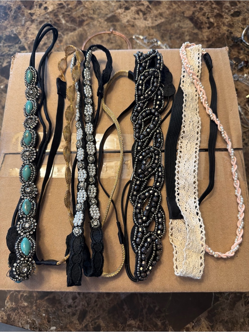 Embellished Elastic Headband Set - Black, Gold, Ivory, Pink, Turquoise